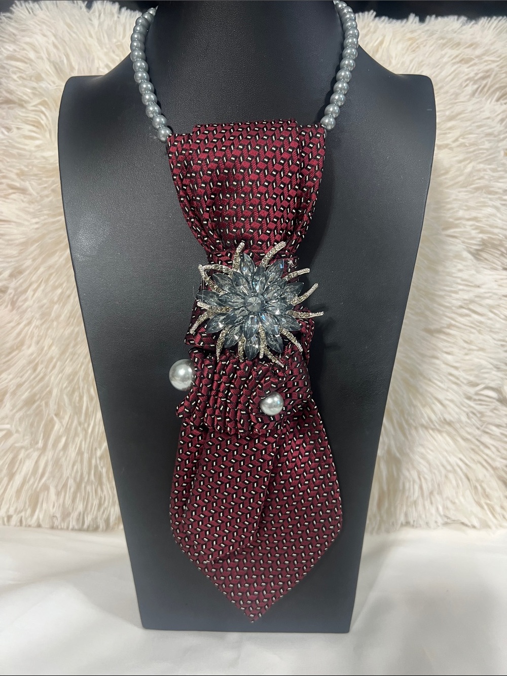 Elegant Maroon Tie Necklace with Crystal Flower Accent